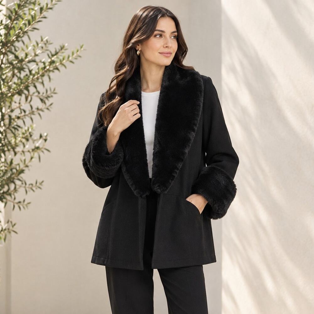 Casual Corner VINTAGE Faux Fur Collar Coat Jacket Black Wool Medium Lined 80s